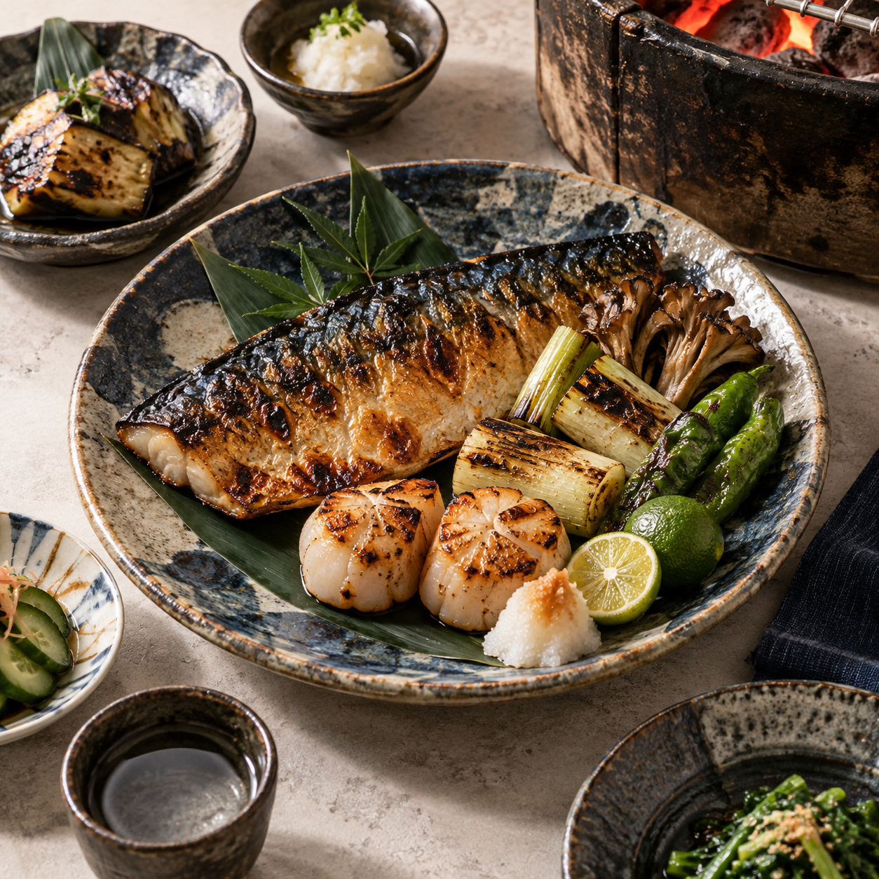 焼き鯖と帆立の炭火盛り